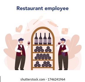 Sommelier concept. Man with a bottle of grape wine and glass full of alcohol drink. Grape wine in a wood barrel, wine storage. Isolated vector illustration