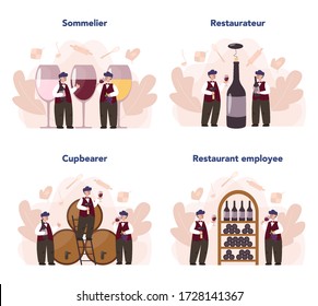 Sommelier Konzept. Mann mit einer Flasche Wein und Glas voller Alkohol trinken. Traubenwein in einem Holzfass, Weinlagerung. Isolierte Vektorgrafik