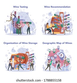 Sommelier concept set. Man with a bottle of grape wine and glass full of alcohol drink. Grape wine in a wood barrel, wine storage. Isolated vector illustration