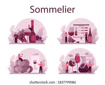 Sommelier concept set. Specialist with a bottle of grape wine and glass full of alcohol drink. Grape wine in a wood barrel, wine storage. Isolated vector illustration