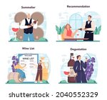 Sommelier concept set. Specialist with a glass full of alcohol drink. Bottle of grape wine degustation. Grape wine in a wood barrel, wine storage. Isolated vector illustration
