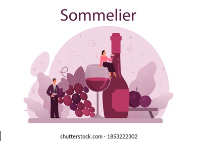 Sommelier concept. Specialist with a bottle of grape wine and glass full of alcohol drink. Grape wine in a wood barrel, wine storage. Isolated vector illustration