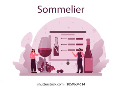Sommelier concept. Specialist with a bottle of grape wine and glass full of alcohol drink. Grape wine in a wood barrel, wine storage. Isolated vector illustration