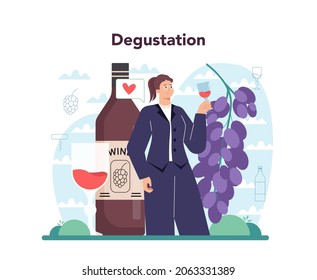 Sommelier concept. Specialist with a glass full of alcohol drink. Bottle of grape wine degustation. Grape wine in a wood barrel, wine storage. Isolated vector illustration