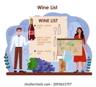 Sommelier concept. Specialist with a glass full of alcohol drink. Bottle of grape wine degustation. Grape wine in a wood barrel, wine storage. Isolated vector illustration