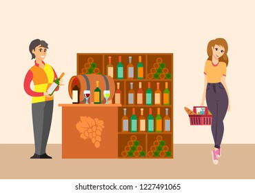 Sommelier with customer in winery shop vector. Seller advising kid of wine bottle with alcoholic drink. Wooden barrel with fermenting vintage beverage