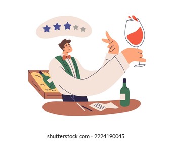 Sommelier drinking, trying wine from glass. Expert, critic reviewing smell, flavor, taste, quality, holding wineglass during winetasting. Flat graphic vector illustration isolated on white background