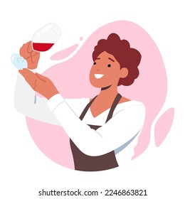 Sommelier Female Character Tasting Wine Concept. Specialist Looking on Beverage Color in Wineglass. Alcohol Drink Degustation Process Isolated on White Background. Cartoon People Vector Illustration