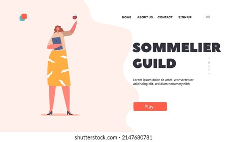 Sommelier Guild Landing Page Template. Female Character Tasting Wine Concept. Specialist with Beverage in Wineglass and Tablet Pc. Alcohol Drink Degustation Process. Cartoon People Vector Illustration