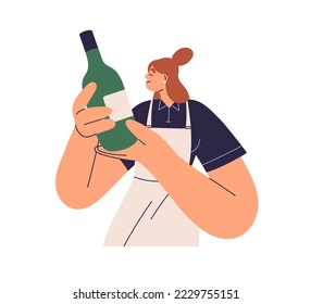 Sommelier holding glass bottle of old wine. Alcohol expert, woman bartender with elite luxury alcoholic drink in hand. Professional winemaker. Flat vector illustration isolated on white background