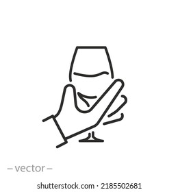 Sommelier Icon, Tasting Wine, Hand Holding Alcohol Drink, Winery Expert, Thin Line Symbol On White Background - Editable Stroke Vector Illustration