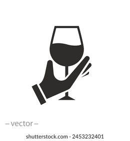 icono de sumiller, vino de cata, bebida alcohólica de mano, experto en bodega, símbolo de línea delgada sobre fondo blanco - Ilustración vectorial de trazo editable