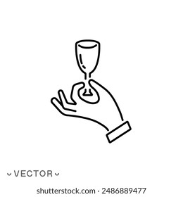 icono de sommelier, vino de cata, bebida alcohólica de mano, experto en bodegas, símbolo de línea delgada aislado sobre fondo blanco, trazo editable eps 10 Ilustración vectorial