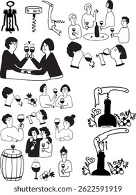 Conjunto de desenho à tinta sommelier. Vinho. Arte em linha	
