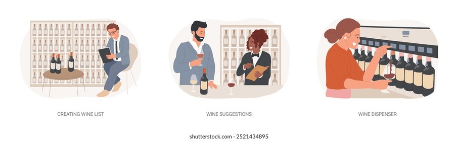 Sommelier ilustrações isoladas do vetor de desenhos animados. Criar lista de vinhos, escolher a partir da seleção de garrafas, mostrar menu, fazer sugestão para emparelhar, degustação de autoatendimento com dispenser vetor cartoon.