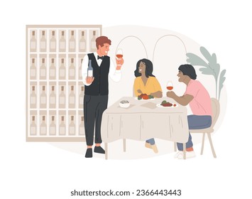 Sommelier isolated concept vector illustration. Wine steward, restaurant expert, wine service, food menu, certification, international guild, glass bottle, serving drink vector concept.