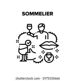 Sommelier Job Vector Icon Concept. Sommelier Sniffing Smell And Tasting Wine. Professional Examining And Review Of Alcohol Beverage, Winery Product Test Specialist Occupation Black Illustration