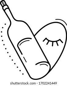 Sommelier logo: a half wine bottle and a half heart shaped face. Alcohol lover vector black and white illustration in outlines. 
