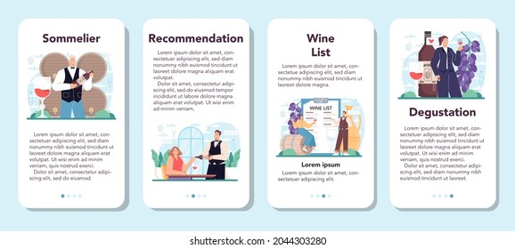 Sommelier mobile application banner set. Specialist with a glass full of alcohol drink. Bottle of grape wine degustation. Grape wine in a wood barrel, wine storage. Isolated vector illustration