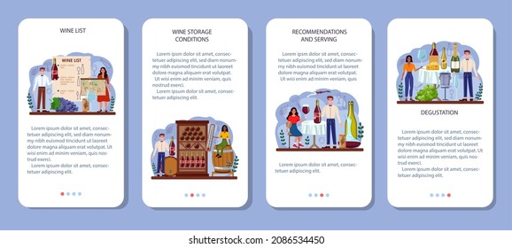 Sommelier mobile application banner set. Specialist with a glass full of alcohol drink. Bottle of grape wine degustation. Grape wine in a wood barrel, wine storage. Isolated vector illustration