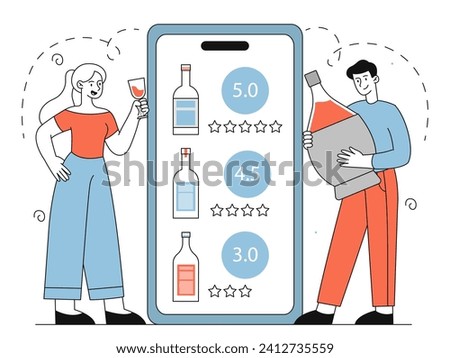 Sommelier online platform linear. Man and woman with glasses of wine. Young guy and girl with acoholic products and beverages. Degustation of alcohol. Doodle flat vector illustration
