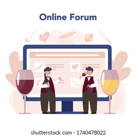 Sommelier online service or platform. Man with a bottle of grape wine and glass full of alcohol drink. Online forum. Isolated vector illustration