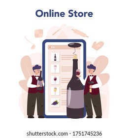 Sommelier Online Service Or Platform. Man With A Bottle Of Grape Wine And Glass Full Of Alcohol Drink. Online Wine Shop. Isolated Vector Illustration