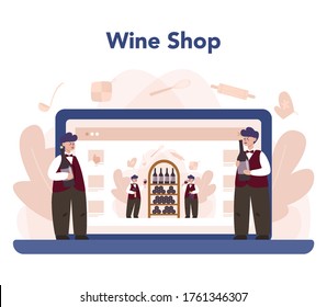 Sommelier online service or platform. Man with a bottle of grape wine and glass full of alcohol drink. Online wine shop. Isolated vector illustration