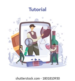 Sommelier online service or platform. Man with a bottle of grape wine and glass full of alcohol drink. Online video tutorial. Isolated vector illustration
