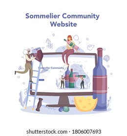 Sommelier online service or platform. Man with a bottle of grape wine and glass full of alcohol drink. Sommelier website. Isolated vector illustration