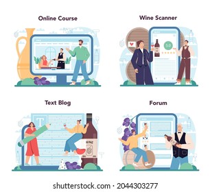 Sommelier online service or platform set. Specialist with a glass full of alcohol drink. Bottle of grape wine degustation. Online course, forum, blog, wine scanner. Isolated vector illustration
