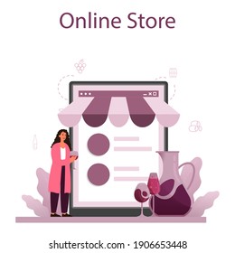 Sommelier online service or platform. Specialist with a bottle of grape wine and glass full of alcohol drink. Online store. Isolated vector illustration
