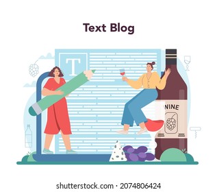 Sommelier online service or platform. Specialist with a glass full of alcohol drink. Bottle of grape wine degustation. Online blog. Isolated vector illustration