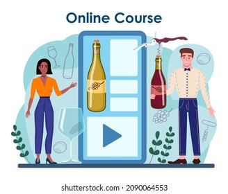 Sommelier online service or platform. Specialist with a glass full of alcohol drink. Bottle of grape wine degustation. Online course. Flat vector illustration