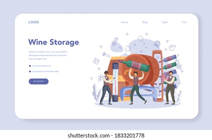 Sommelier organizing a storage web banner or landing page. Man with a bottle of grape wine and glass full of alcohol drink. Grape wine in a wood barrel, wine storage. Isolated vector illustration