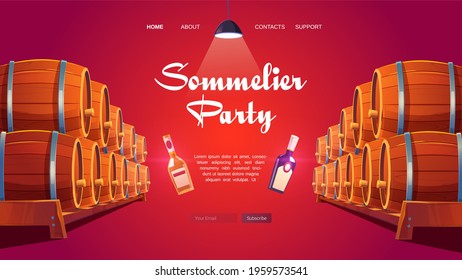 Sommelier party cartoon landing page. Wine shop, cellar interior with wooden barrels and glass bottles with winery production and glow lamp. Alcohol beverage store promo, Cartoon vector web banner