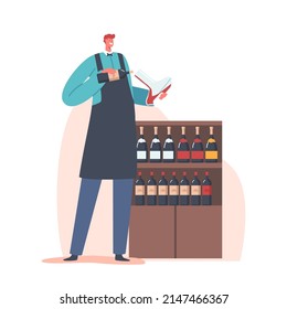 Sommelier Party Concept, Wine Steward Holding Bottle and Tasting Flask. Character Tasting Alcohol Drinks in Winery Bar or Restaurant. Taster at Shelf with Bottles. Cartoon People Vector Illustration