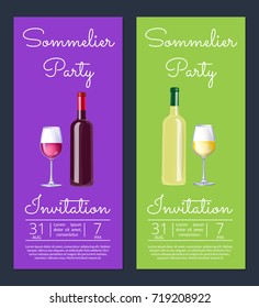 Sommelier party with dates on promotional poster, uncorked wine bottle and glass of good alcoholic drink vector illustration on purple and green