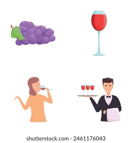 Sommelier party icons set cartoon vector. Professional expert doing wine tasting. Look, aroma, taste appreciation