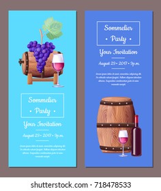 Sommelier party invitation august 29, two posters with wine barrels, grapes and glasses and text sample vector illustration isolated on blue