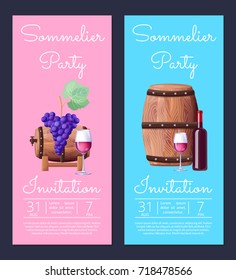 Sommelier party invitation with date of event, images of wine bottle and glasses, grapes and barrel vector illustration isolated on blue and pink