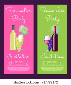 Sommelier party invitation with information concerning event, wine bottle and half full glasses with drinks of different types vector illustration