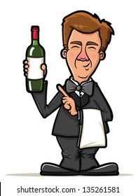 Sommelier Presenting a Bottle of Wine/Restaurant Vector Cartoon