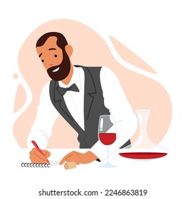 Sommelier Profession Concept, Wine Steward Tasting Drinks Making Notes in Notebook. Male Character Tasting Alcohol Drinks in Winery Bar or Restaurant. Cartoon People Vector Illustration