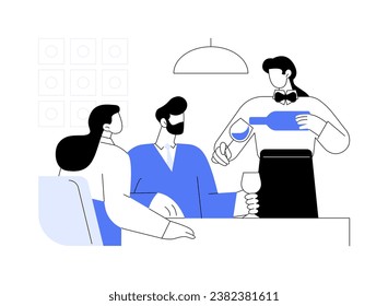 Sommelier service abstract concept vector illustration. Sommelier opens luxury wine bottle in front of couple, service sector, horeca business, restaurant customers abstract metaphor.