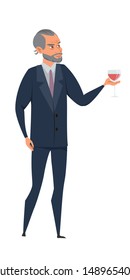 Sommelier in suit vector illustration. Male wine steward holding liquor glass cartoon character. Waiter serving drink. Businessman drinking alcoholic cocktail. Wine tasting. Guest at party