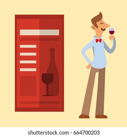 Sommelier in suite looking at red wine in glass professional alcohol restaurant man character vector illustration.
