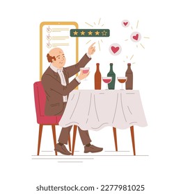 Sommelier tasting different types of wines, flat vector illustration isolated on white background. Man rating wine online. Food critic in restaurant.