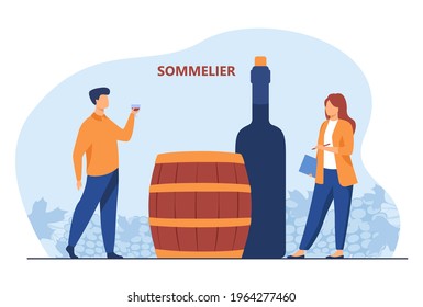 Sommelier tasting red wine. Cartoon expert with wineglass in hand, female staff, bottle, barrel flat vector illustration. Winery, sommelier concept for banner, website design or landing web page