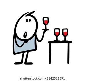 El sumiller degusta vino tinto y sostiene un vaso en la mano. Ilustración vectorial de una bebida alcohólica en una fiesta. Carácter aislado en fondo blanco.